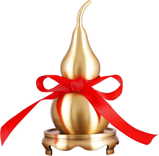 Feng Shui Wu Lou Brass Golden Gourd with Holder and Red Luck Strip for Home Decor Furnishing,Full Brass,Statue Charm Amulet,Bring You Good Luck,Healthy,Success