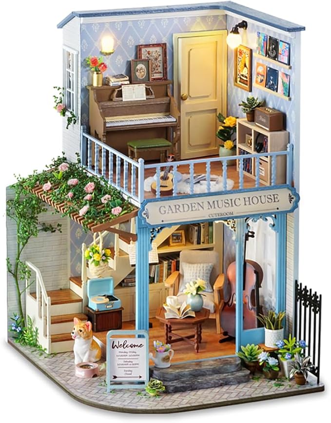 TuKIIE DIY Miniature House Kit with Furniture, 1:24 Scale Creative Room Wooden Mini Dollhouse Plus Dust Proof & Music Movement for Kids Teens Adults(Symphony of Bliss)