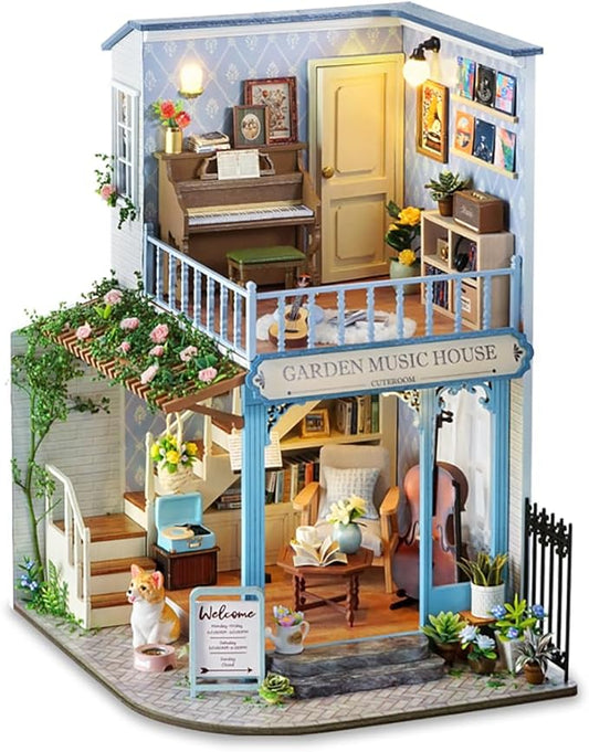 TuKIIE DIY Miniature House Kit with Furniture, 1:24 Scale Creative Room Wooden Mini Dollhouse Plus Dust Proof & Music Movement for Kids Teens Adults(Symphony of Bliss)