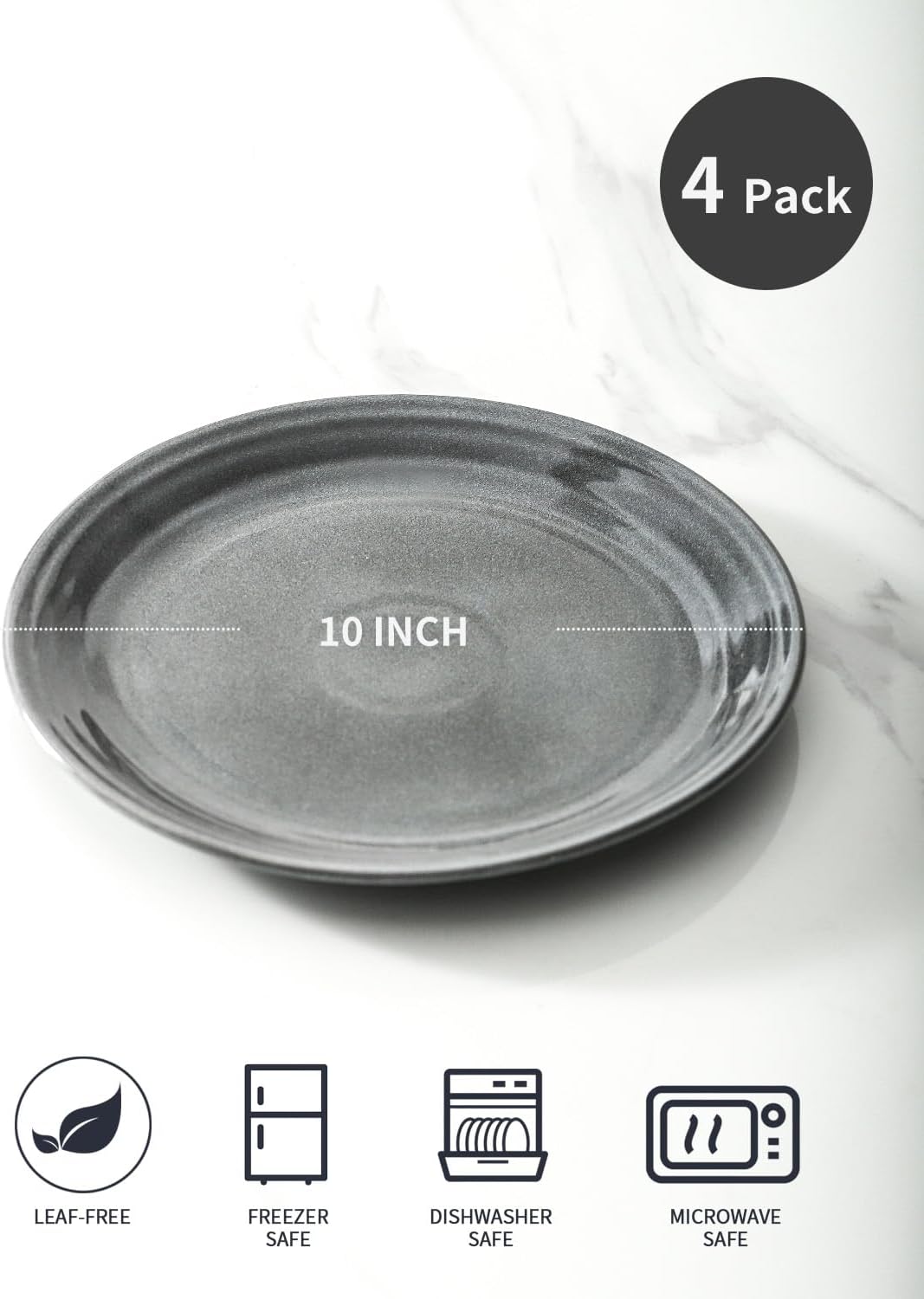Hasense Dinner Plates, 10 Inch Ceramic Serving Plates for Kitchen, Modern Round Dishes Set of 4, Scratch Resistant Salad Plates, Dishwasher and Microwave Safe, Grey
