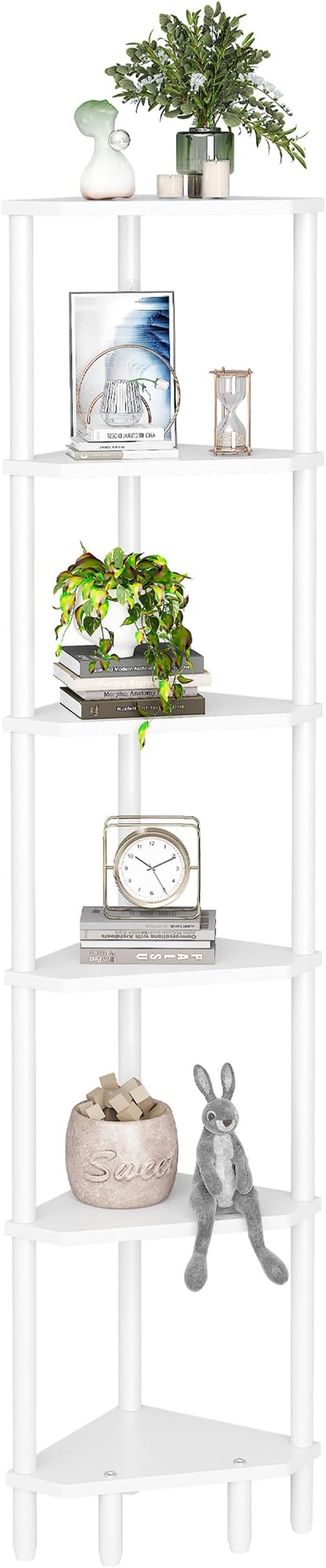 6 Tier Corner Shelf, 66.5'' Tall Standing Shelf, Narrow Display Shelf Stand, Modern Corner Bookshelf, Plant Stand, Corner Bookcase for Living Room, Bedroom, Bathroom, White LCS502W