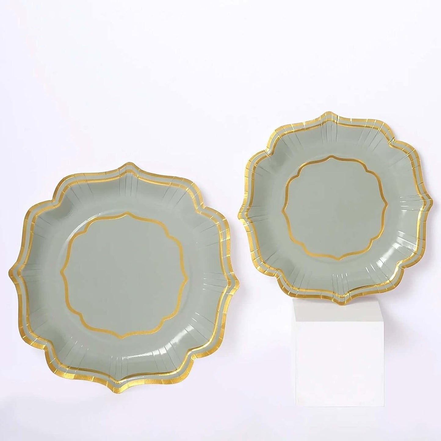 Efavormart 25 Pack Sage Green Appetizer Dessert Paper Plates With Scalloped Gold Rim, 8" Disposable Salad Plates - 300 GSM