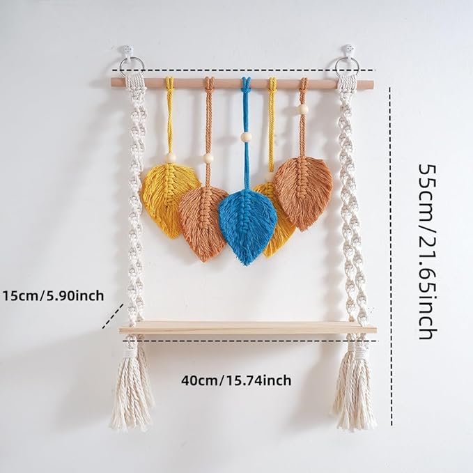 Macrame Wall Hanging Shelf, Bohemian Woven Tapestry Chic Woven Leaf Tassels Home Deco, Boho Handmade Wall Art Floating Shelf for Living Room, Bedroom, Nursery Backdrop, Apartment (Blue+Brown+Yellow)