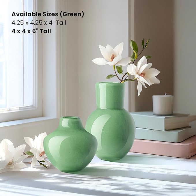 Torre & Tagus 6" Mouth Blown Art Glass Vase for Flowers - Opaque Green Small Table Vase & Handmade Small Green Accent for Boho Home Decor, Neutral Bud Vases as Decorative Shelf Decor or Wedding