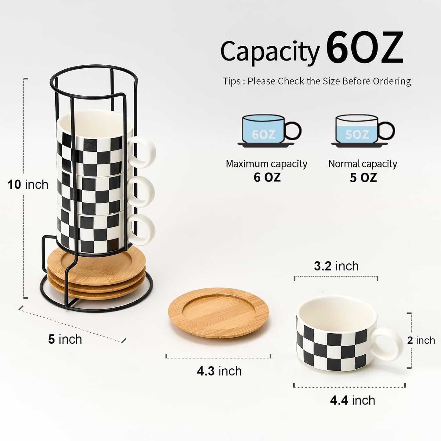 LUKA 6 Ounce Ceramic Stackable Black and White Checkered Espresso Cups with Saucers and Metal Stand Set of 4, Cappuccino Cups Set for Coffee Drinks, Latte, Cafe Mocha and Tea, White Interior