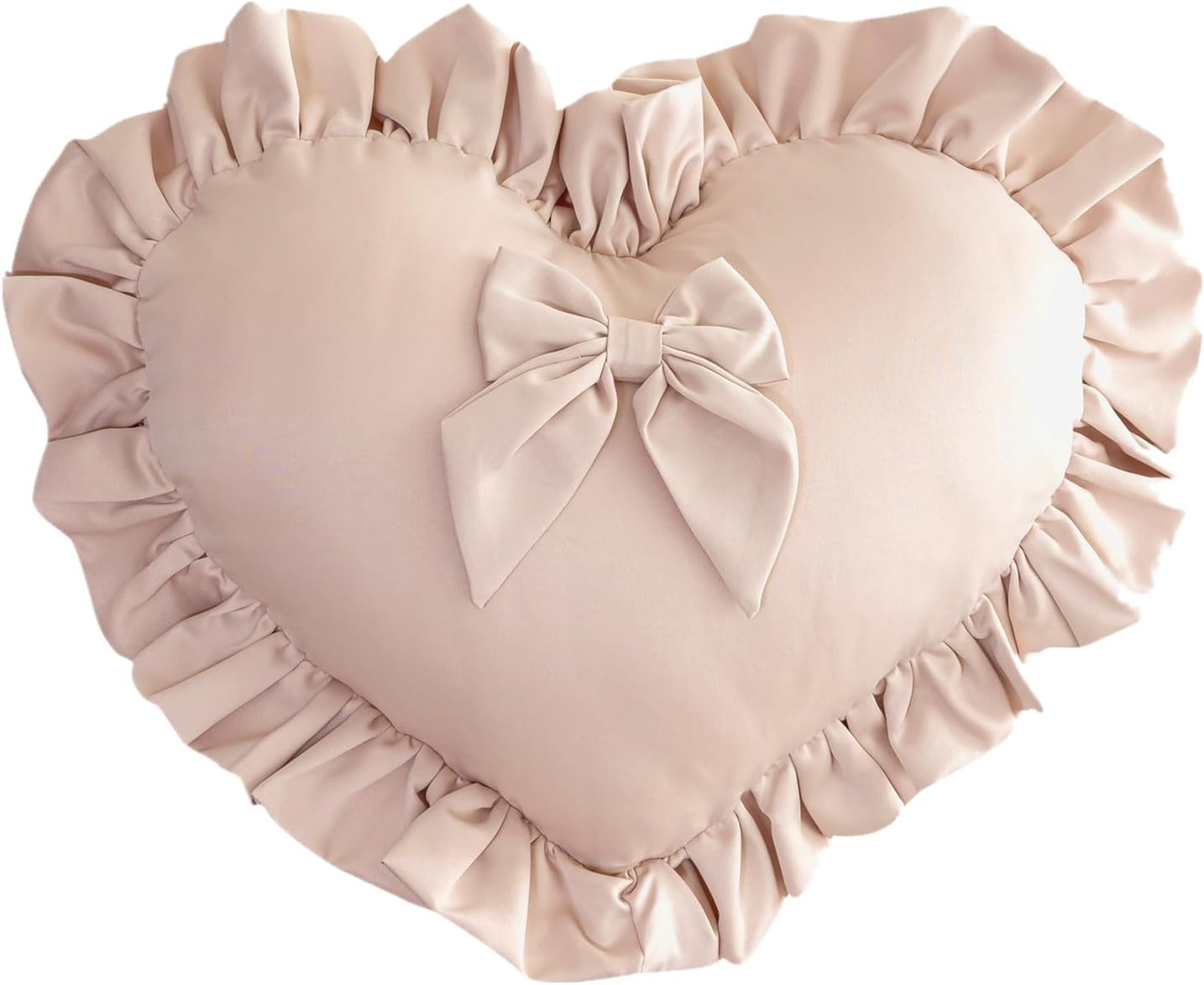 Heart Pillows, Cute Soft Room Decor Ruffled with Bow Love Heart Shape Throw Pillows Sofa Cushion Pillow for Living Room Bed Chair Car Decoration, Champagne