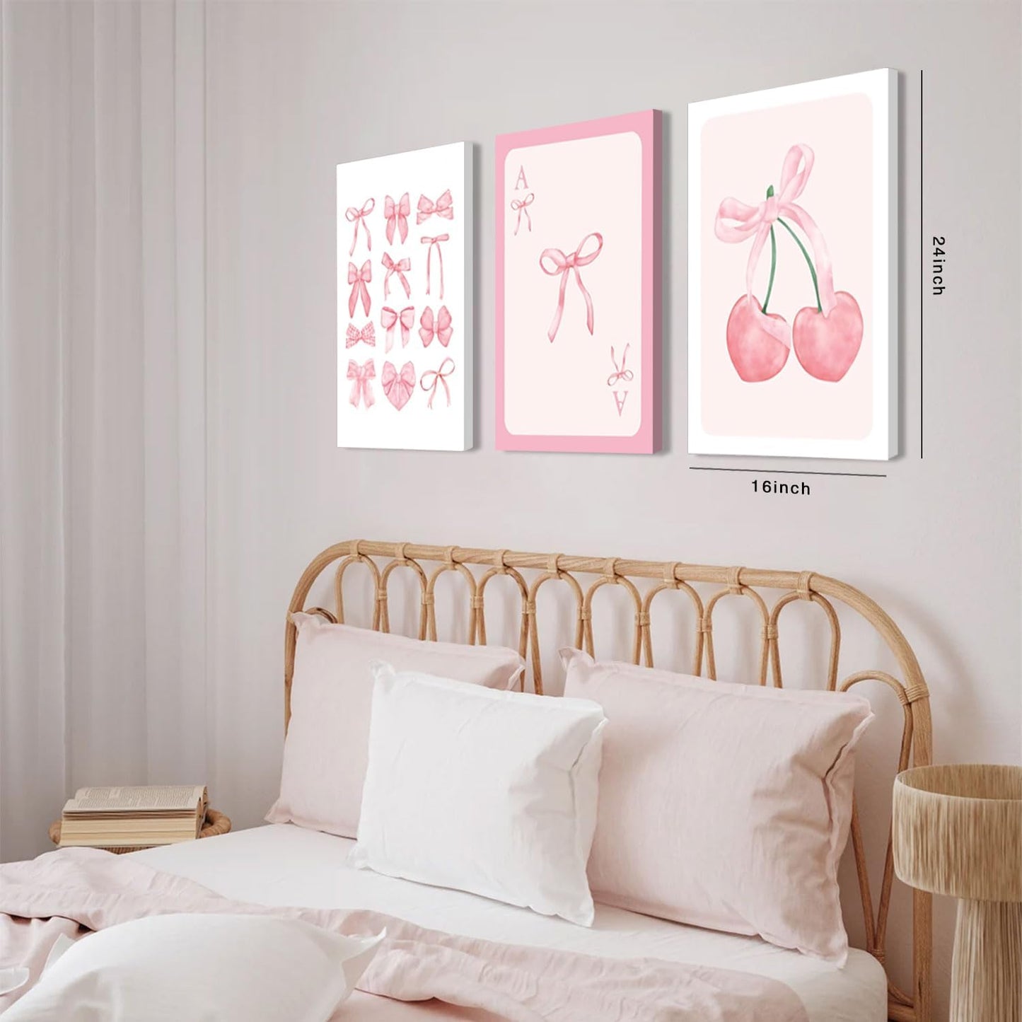 Julaydi Pink Preppy Wall Art Set of 3 Framed Trendy Bow Posters Pastel Bows Cherry Canvas Prints Cute Girly Aesthetic Home Decor Watercolor Ribbon Painting Picture for Girls Bedroom Living Room16X24in