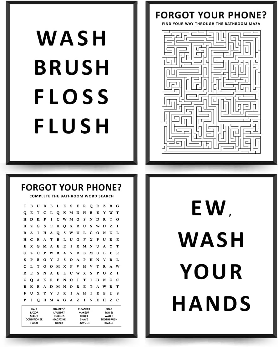 ETVISO Funny Bathroom Decor Wall Art Set of 4, Funny Crossword Puzzle Wall Art, Funny Forget Your Phone Sign, Bathroom Word Search Wall Decor, 8x10 (Unframed)