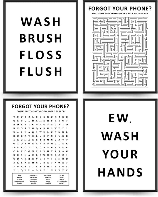 ETVISO Funny Bathroom Decor Wall Art Set of 4, Funny Crossword Puzzle Wall Art, Funny Forget Your Phone Sign, Bathroom Word Search Wall Decor, 8x10 (Unframed)