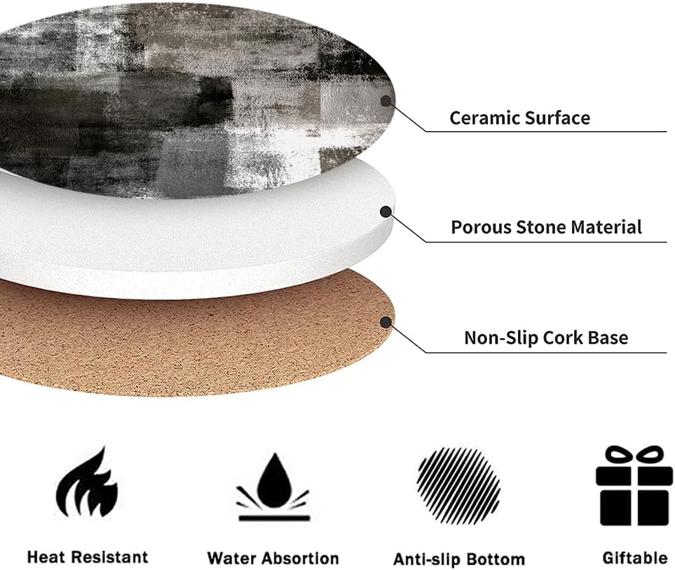LOKMU Coasters for Drinks,Round Absorbent Ceramic Stone Coaster Sets of 6 with Metal Holder Stand,Black and Grey Abstract Art Coasters with Cork Base for Coffee Wooden Table,Housewarming Gifts