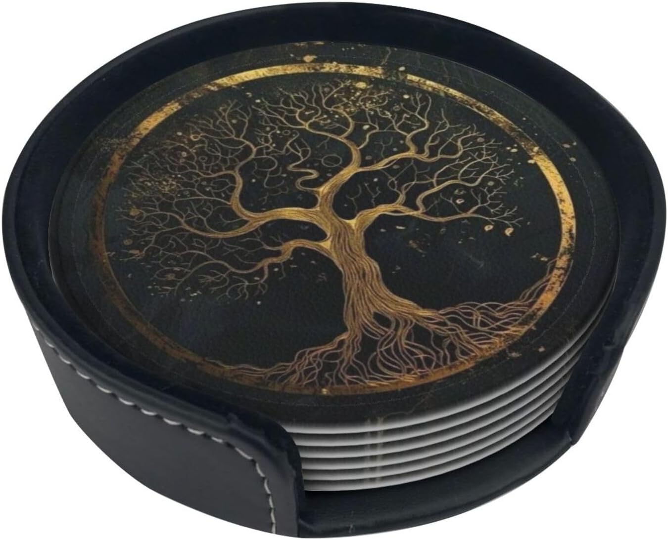 Drink Coasters with Holder Stand Set of 6, Marble Gold Tree of Life Pu Leather Absorbent Coasters with Cork Base Table Round Coaster for Housewarming Apartment Kitchen Bar Decor