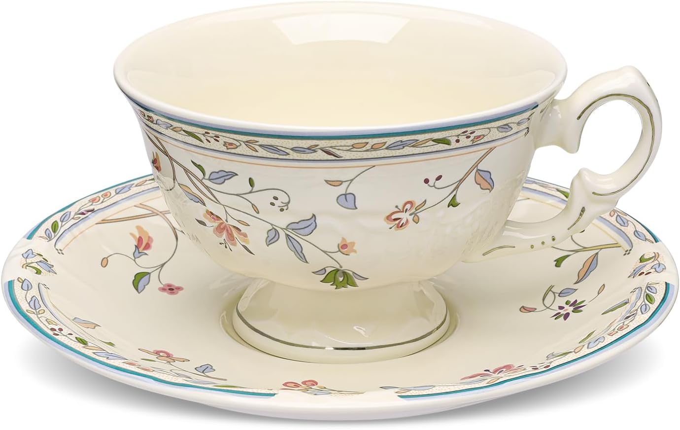 fanquare Vines Floral Tea Cup and Saucer for 1, 6 Ounces Ceramic Coffee Cup with Blue Trim, Colorful Leaves Teacups for Milk Cappuccino Latte Women and Tea Parties
