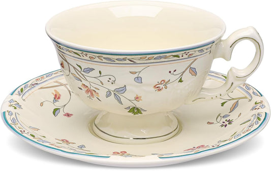 fanquare Vines Floral Tea Cup and Saucer for 1, 6 Ounces Ceramic Coffee Cup with Blue Trim, Colorful Leaves Teacups for Milk Cappuccino Latte Women and Tea Parties