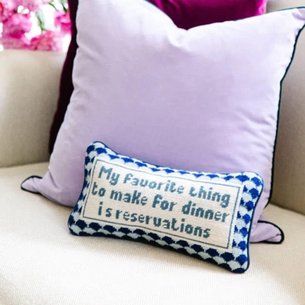 FURBISH Needlepoint Decorative Throw Pillow - with Reservations - 8" x 14" - Small Embroidered Accent Pillow for Bed, Chair, Couch, Sofa - Eclectic Home Decor