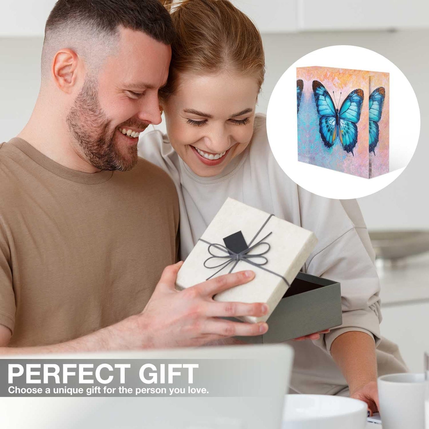 NOHSHE Acrylic Desk Decor - Oil Painting of Blue Butterfly - 4x4 Tabletop Wall Sign - Appreciation & Housewarming Presents for Coworkers & Friends