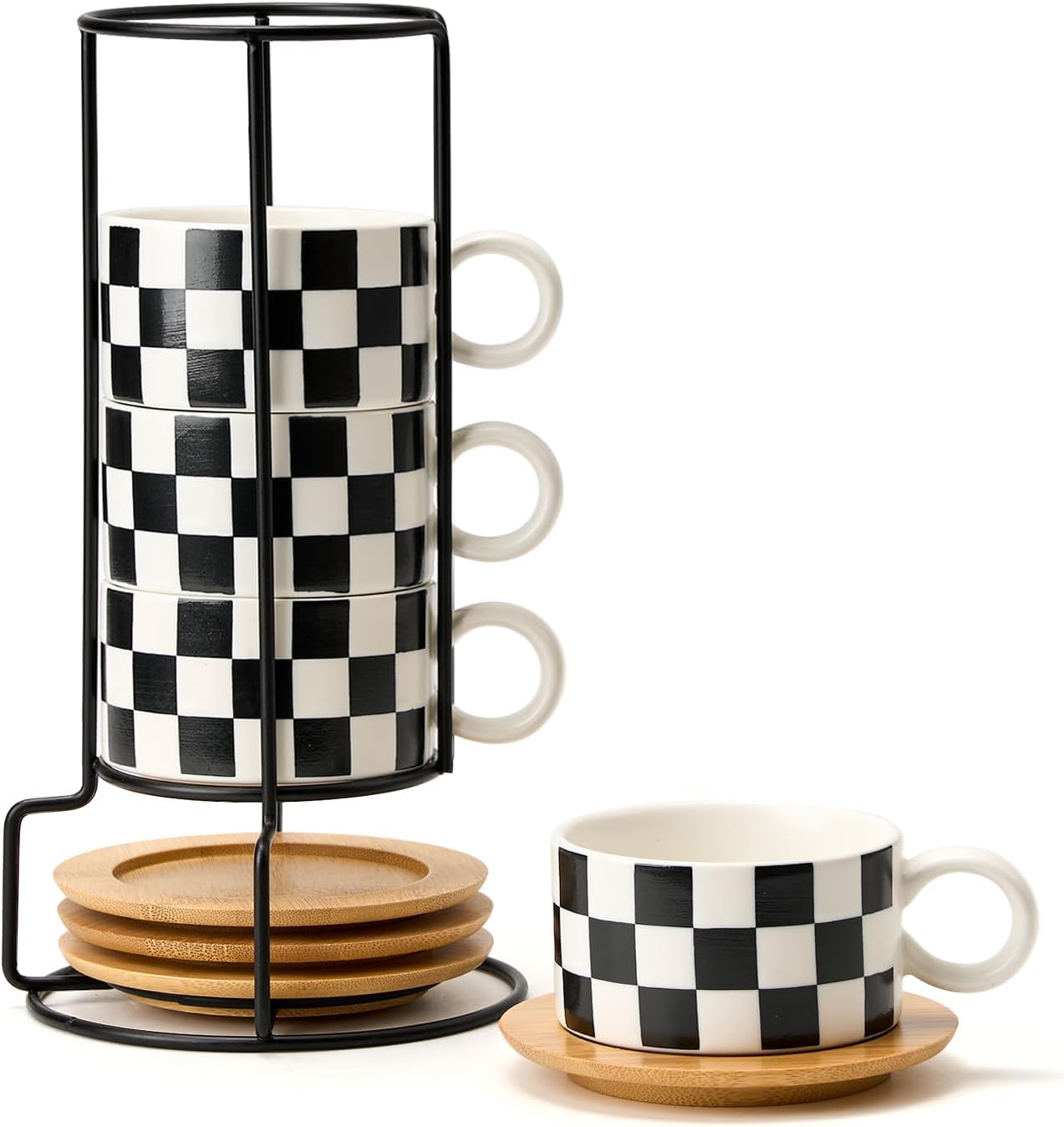 LUKA 6 Ounce Ceramic Stackable Black and White Checkered Espresso Cups with Saucers and Metal Stand Set of 4, Cappuccino Cups Set for Coffee Drinks, Latte, Cafe Mocha and Tea, White Interior