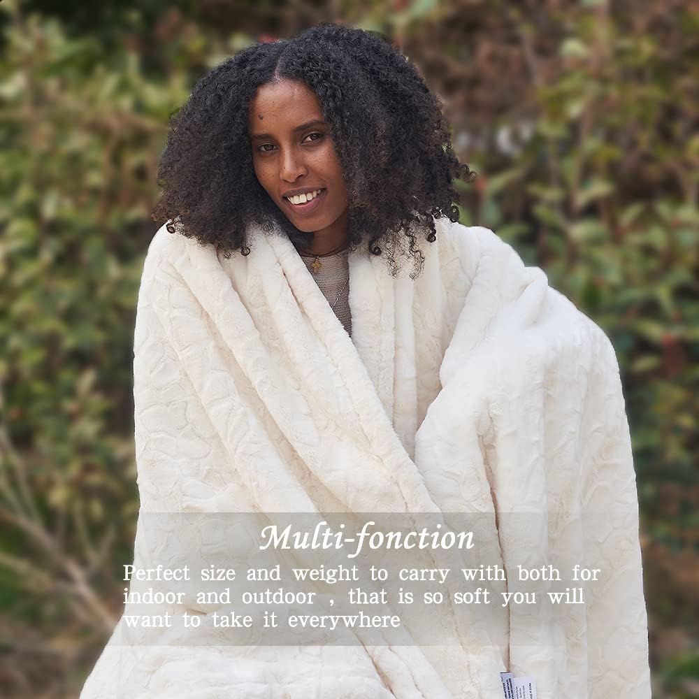 Krifey Faux Fur Throw Blanket, Super Soft Cozy Blanket, Luxury Fluffy Blanket Warm Bed Throw, Plush for Women, Ivory 50" x 60"