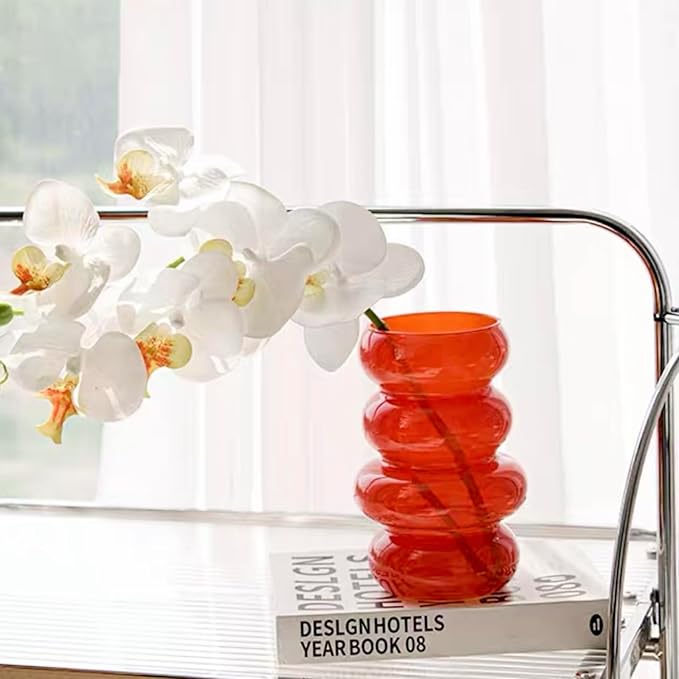 Colored Glass Hydroponic Flower Vase 7 Inch Orange Geometric with Waves and Bubbles Four Layer Glass Vase for Home Decoration Modern Freestanding Indoor Hydroponics Dried Flowers