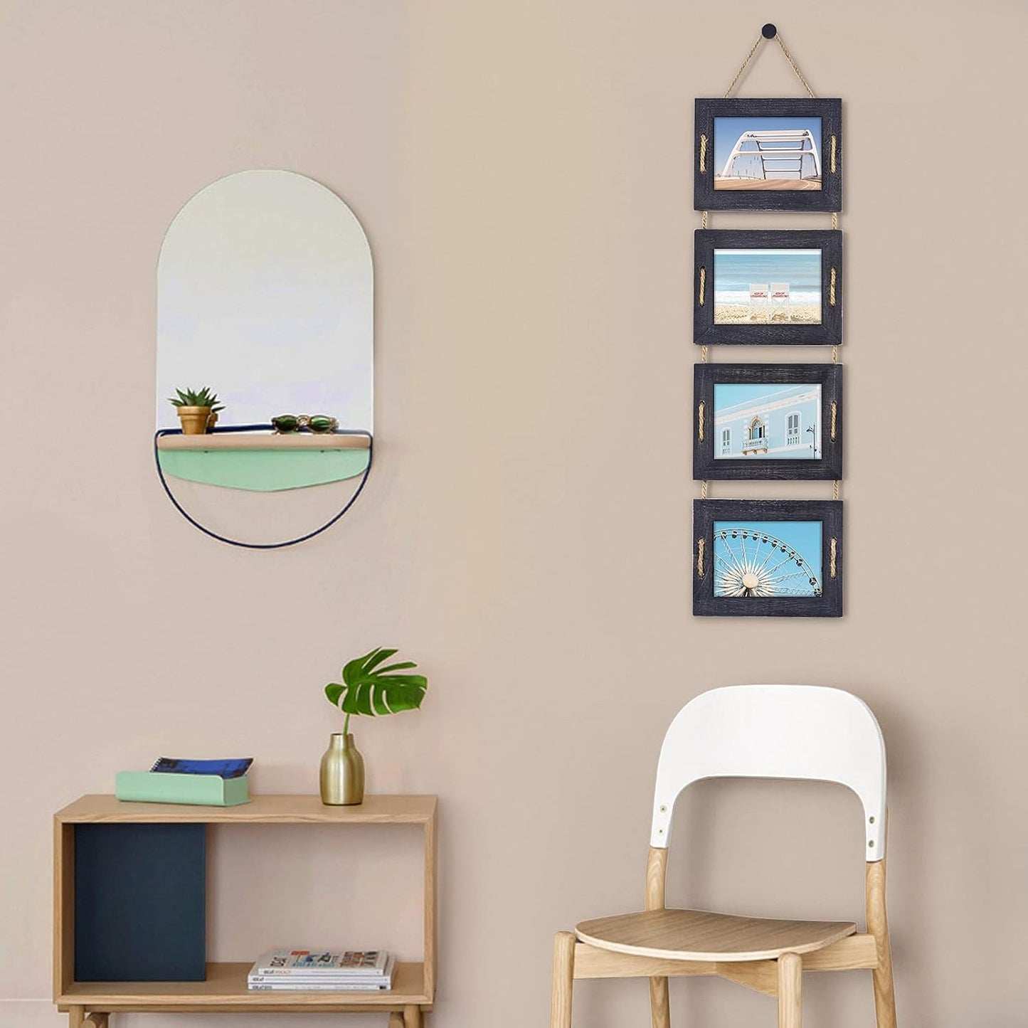 DLQuarts 5x7 Hanging Picture Frames Collage Wall Decor, 4-Opening, 3.5x5 With Mat or 5x7 Without Mat, Rustic Solid Wood Multi Picture Frames for Family, 1 Pack, Weathered Black