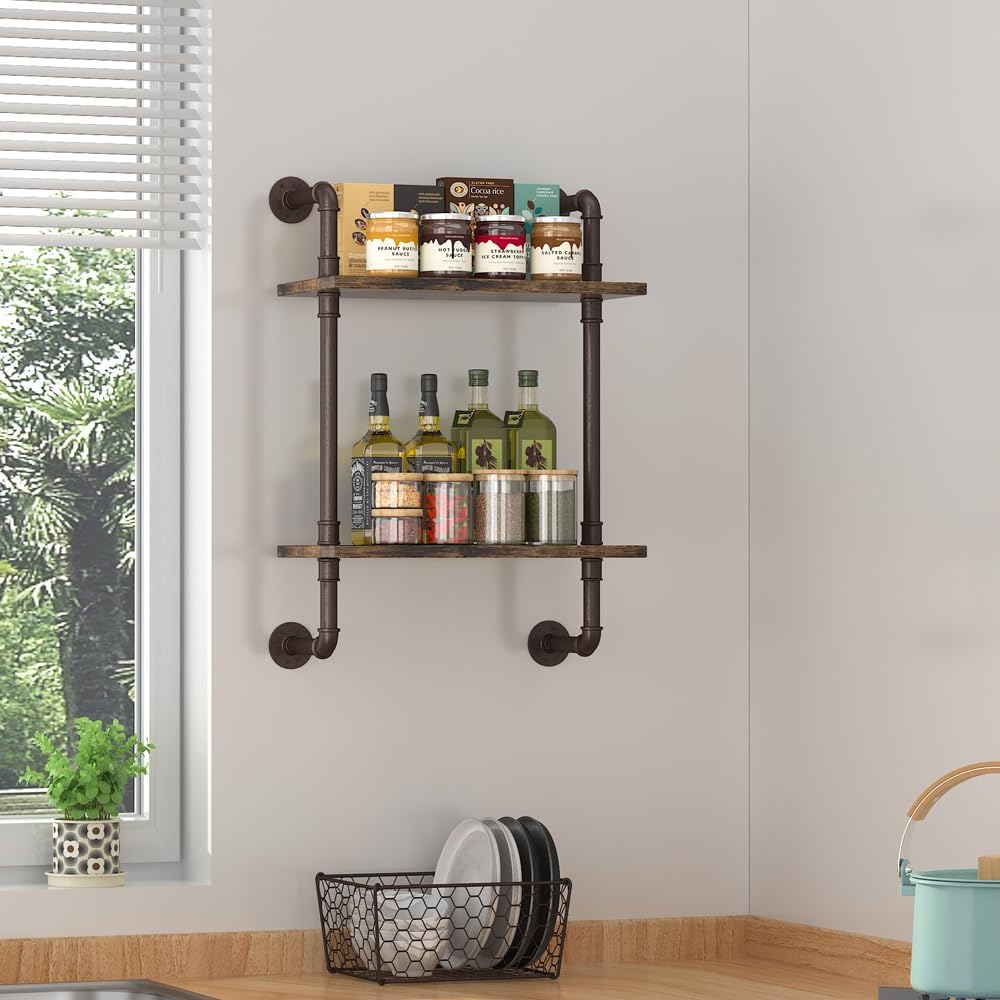 Helsin 2 Tier Industrial Pipe Floating Bathroom Shelves, 16inch Rustic Wood Wall Mounted Shelf, Storage Rack Sundries Holder for Kitchen Office Bathroom Organization & Home Décor
