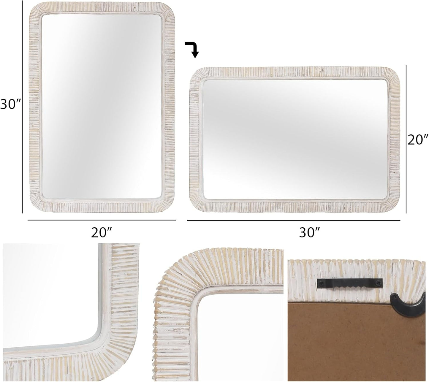 FUIN 20" x 30" Rattan Wicker Rectangle Wall Mounted Bathroom Mirror for Coastal Boho Nursery Decor, White Wash