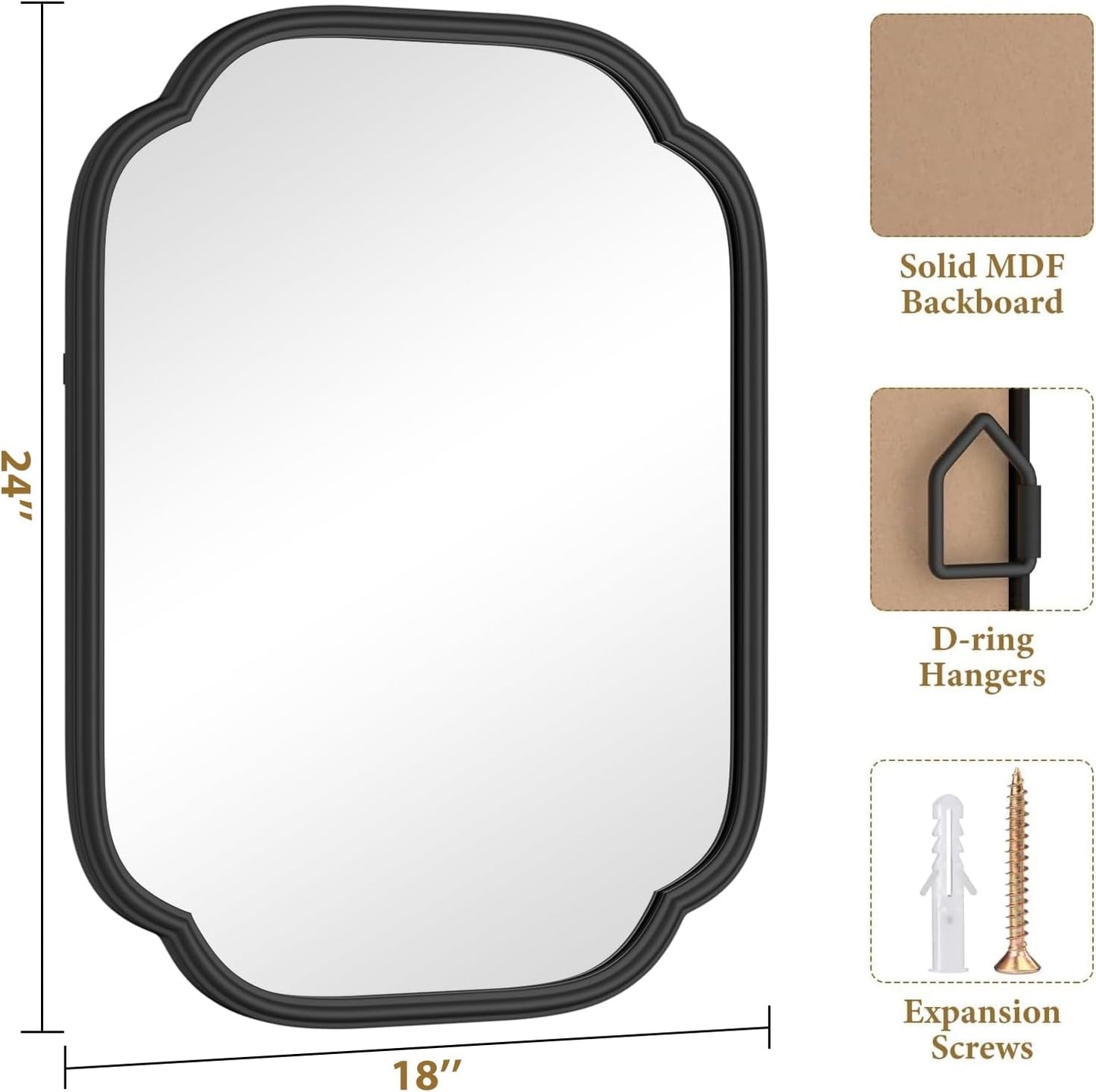 Black Bathroom Mirror for Wall, 18" x 24" Rectangular Wall Mirror for Bathroom Metal Frame Farmhouse Rounded Corner Wall Mirror (Horizontal/Vertical)