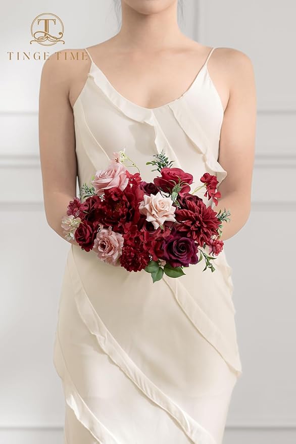 TINGE TIME Fake Flowers Artificial Flowers Peonies Bulbous Chrysanthemum Daisy Hydrangea Sunflower Violets Dahlia Daffodils Epiphyllum Orchid Cherry Blossom Camellia Leyaron (Burgundy)