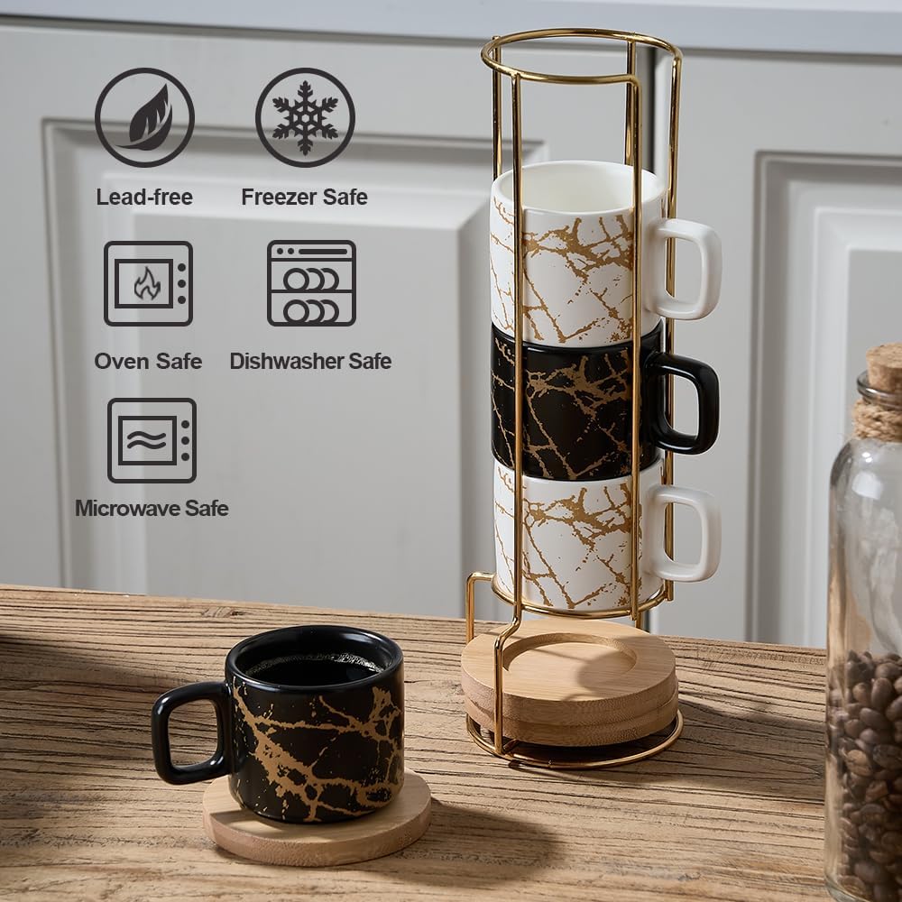 LUKA Porcelain Espresso Cup with Saucer and Metal Stand, 4 Ounce Stackable Ceramic Demitasse Espresso Mugs Cups Set for Latte, Specialty Coffee Drinks, Cafe Mocha - Set of 4, White & Black