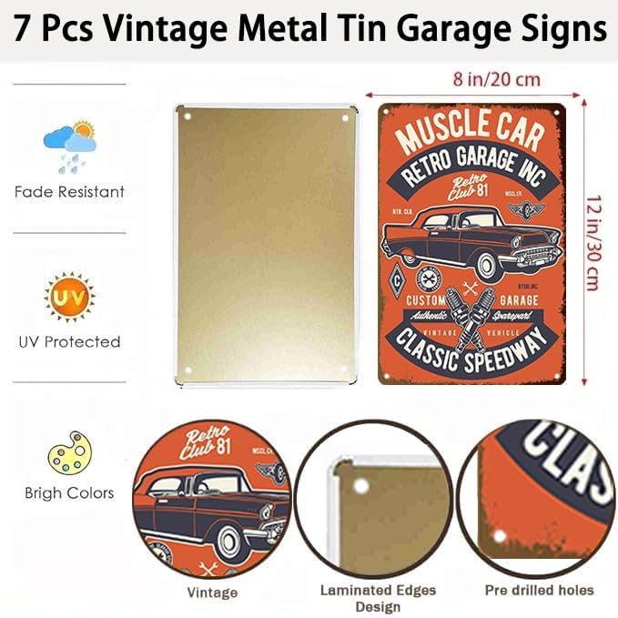 Garage Signs For Men - 7 Pcs Vintage Metal Tin Signs Retro Garage Signs For Men Wall Decorations Old Car Shop Posters Oil And Gas Station Sign Man Cave Decor 8×12 Inch（7pcs）