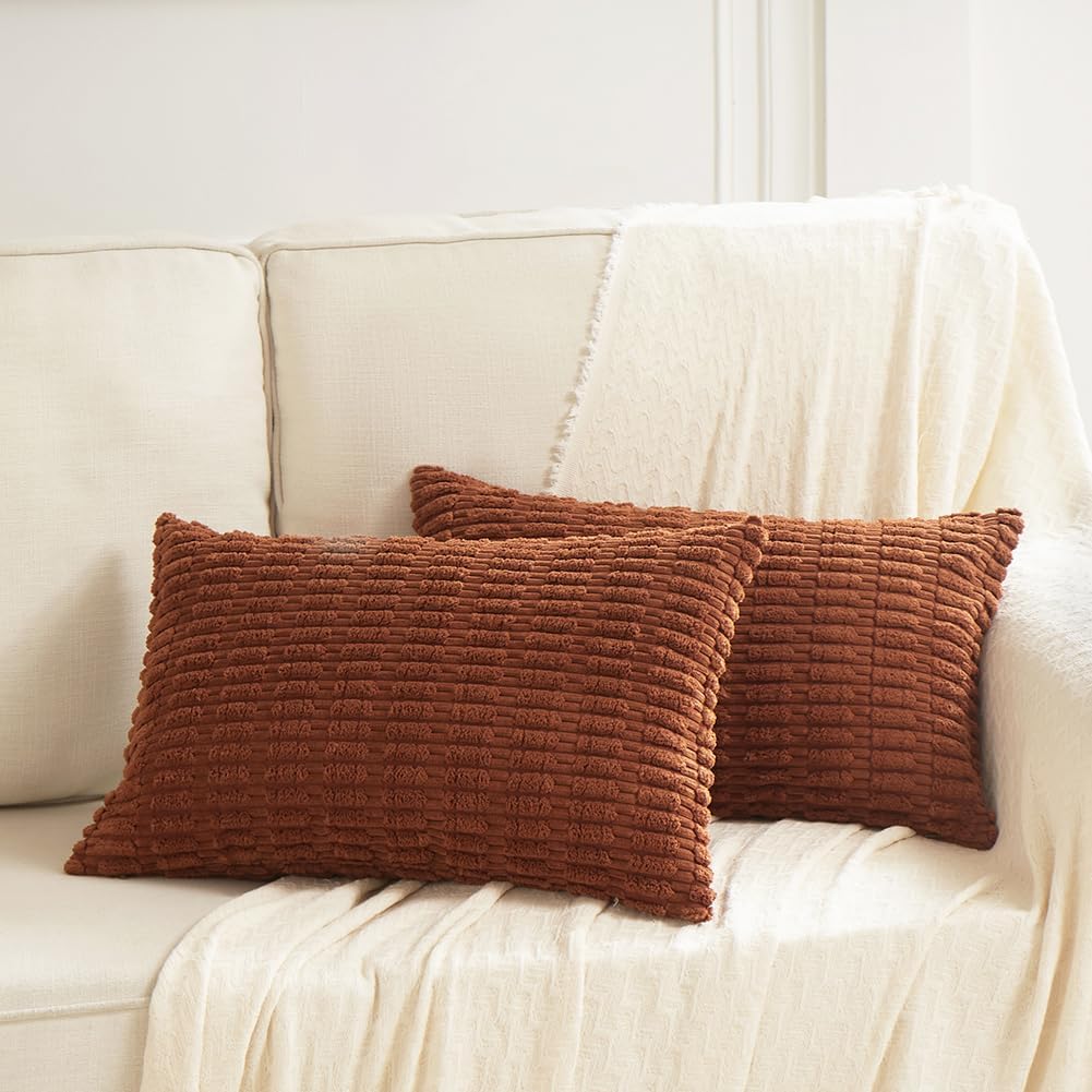 Fancy Homi Rust Decorative Throw Pillow Covers 14x24 Inch for Living Room Couch Bed Sofa, Rustic Farmhouse Boho Home Decor, Soft Striped Corduroy Rectangle Cushion Case 35x60 cm
