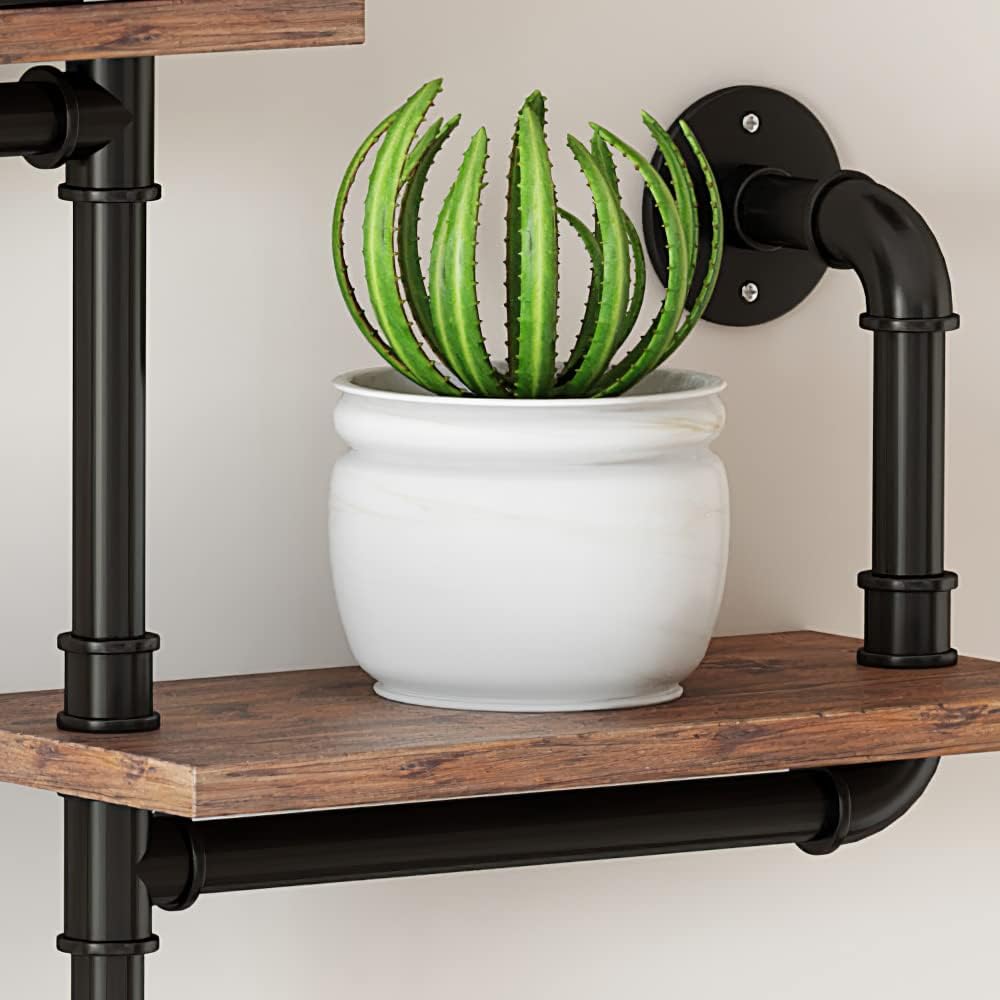 Industrial Pipe Shelving, Rustic Pipe Shelves for Wall Decor, Modern Ladder Shelf with Wood Planks, Floating Shelves Wall Mounted for Home, Living Room, Office(Set of 3 Bookshelf)