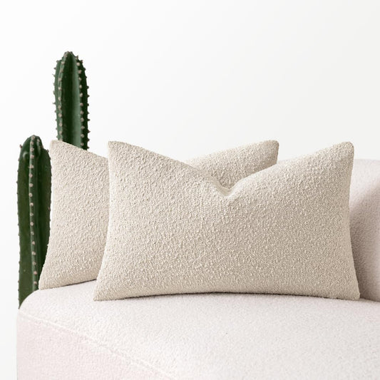 MIULEE 12x20 Inch Christmas Decorative Lumbar Throw Pillows for Bed Set of 2 Textured Boucle Neutral Winter Throw Pillow Covers Natural Beige Accent Solid Couch Pillowcases Sofa Livingroom Home Decor