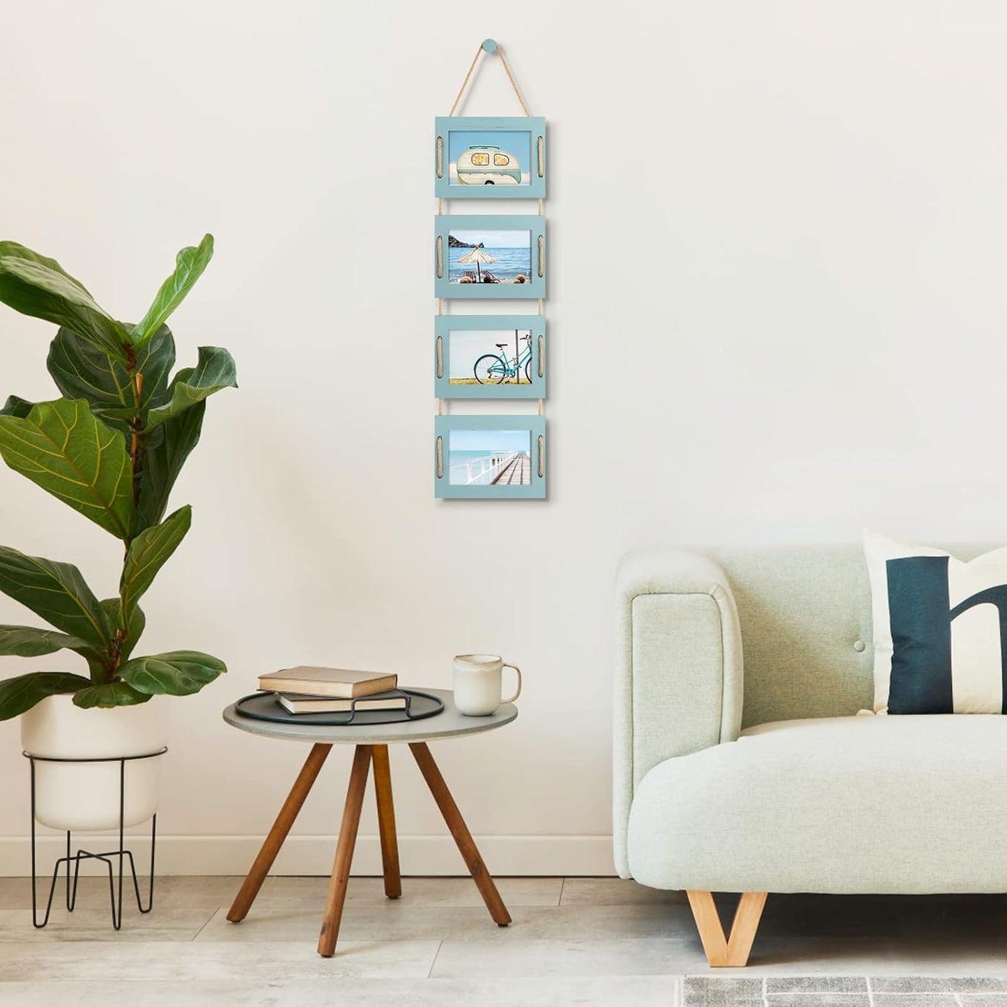 DLQuarts 4x6 Hanging Collage Picture Frames Wall Decor, 4-Opening 4x6 Photo without Mat Rustic Wood Frame with Hemp Rope, 1 Pack, Ocean Blue