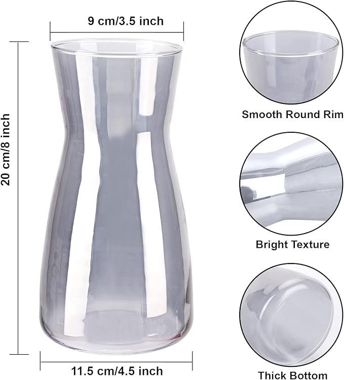 Glass Vases for Flowers, 8 Inch Tall Ins Modern Gray Crystal Clear Glass Vases for Centerpieces Home Desk Decoration, Decorative Glass Table Vase for Birthday Wedding Housewarming Gift