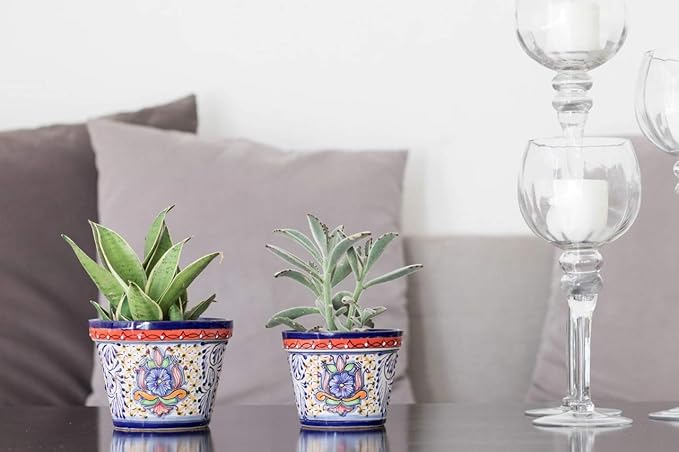Fiesta Brands Talavera Mexican Pottery Planters Medium and Small Cobalt Talavera Succulent Planter Set of 2 (6 in Diam x 4.5 in Tall and 5 in Diam x 4 in Tall)