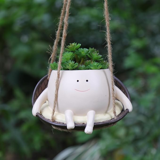 bestbear Hanging Swing Chair Planter Pot Resin Smiley Face Planter for Indoor Outdoor Plant Cute Head Flower Pots for String of Pearls Plant Live Unique IdeaI for Mother Day, Christmas (Small)