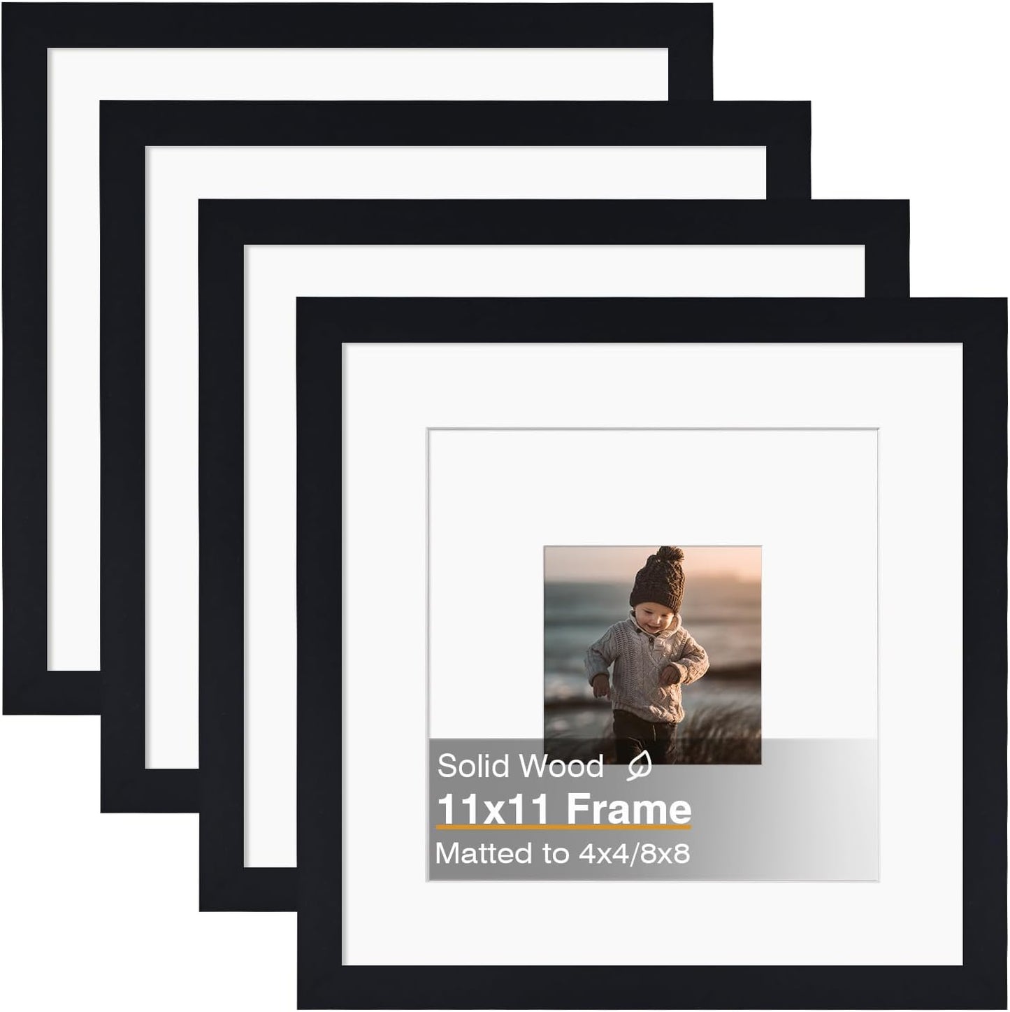 KINLINK 11x11 Picture Frame, Black Square Solid Wood Frames for Pictures 4x4 and 8x8 with Mat or 11x11 without Mat, Wall and Tabletop Display Photo Frames Black 4 Pack