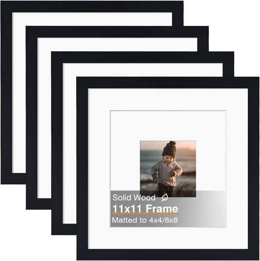 KINLINK 11x11 Picture Frame, Black Square Solid Wood Frames for Pictures 4x4 and 8x8 with Mat or 11x11 without Mat, Wall and Tabletop Display Photo Frames Black 4 Pack