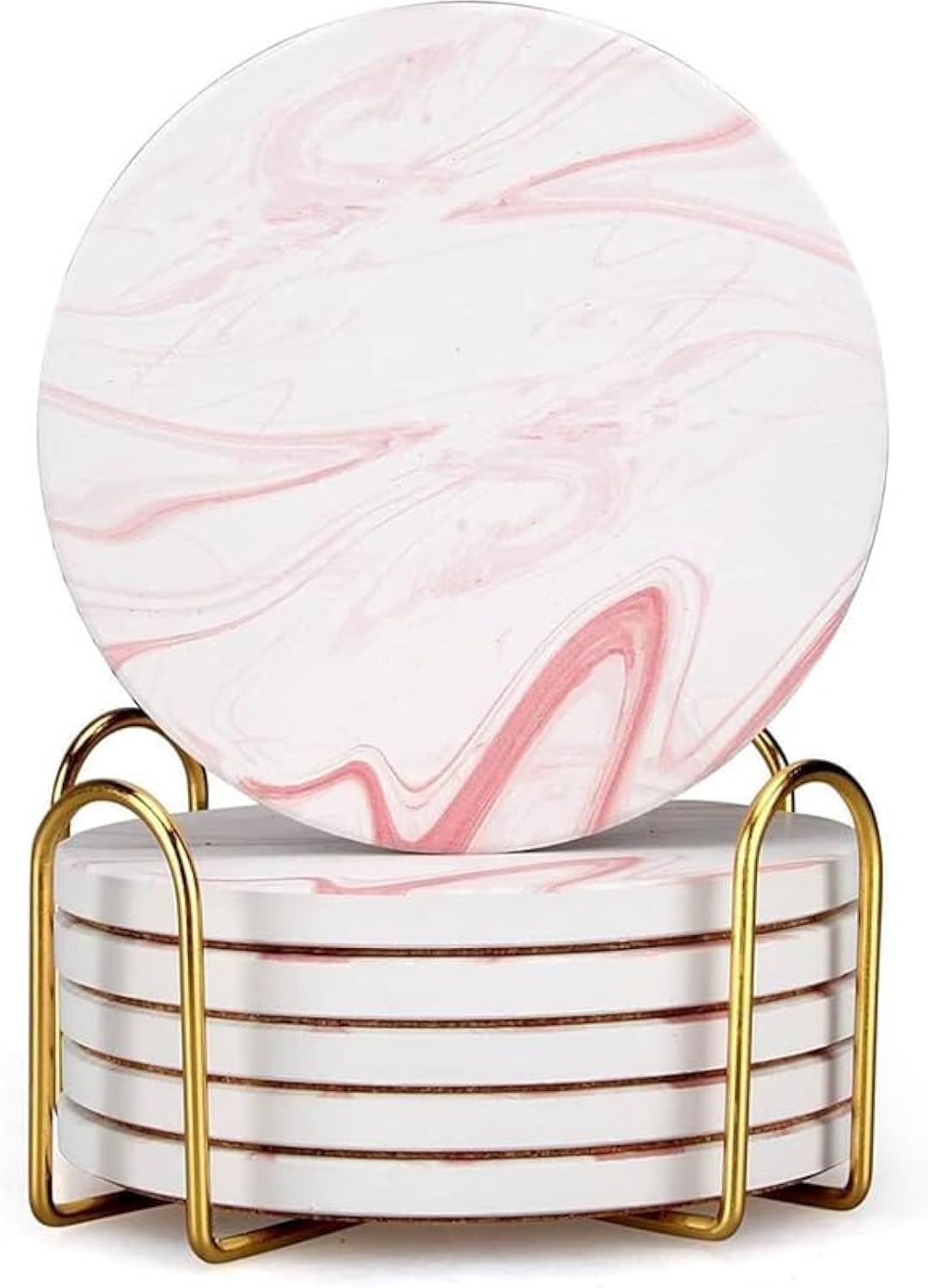 Cute Pink Marble Coasters Set of 6 Pack Stone Coffee Table Decor Absorbent Ceramic Cup Coaster with Holder Decorative Tea Bar Accessories Gift Kitchen Desk Coster Drink Modern Funny Aesthetic Coasters