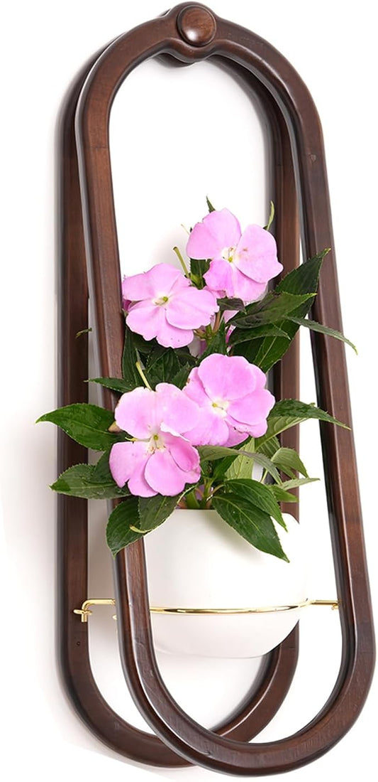 Wooden Wall Planters for Indoor with Ceramic Pot - Modern Hanging Plant stand Shelf for Indoor Plants, Wall Mounted Plant Holder for Living Room, Bedroom, Wall Decor - Walnut Color (Set of 1)