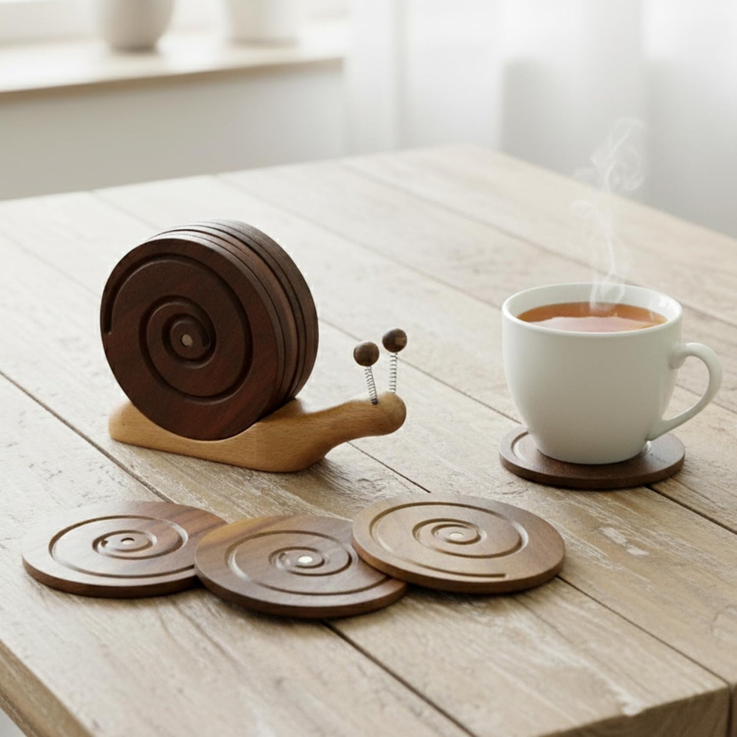 Creative Handcrafted Snail Coaster Holder for Drinks, Premium Walnut Wood Coasters Set of 6 - Unique Nature Inspired Decor for Coffee Table, Fun Housewarming Gifts & Tabletop Organizer.