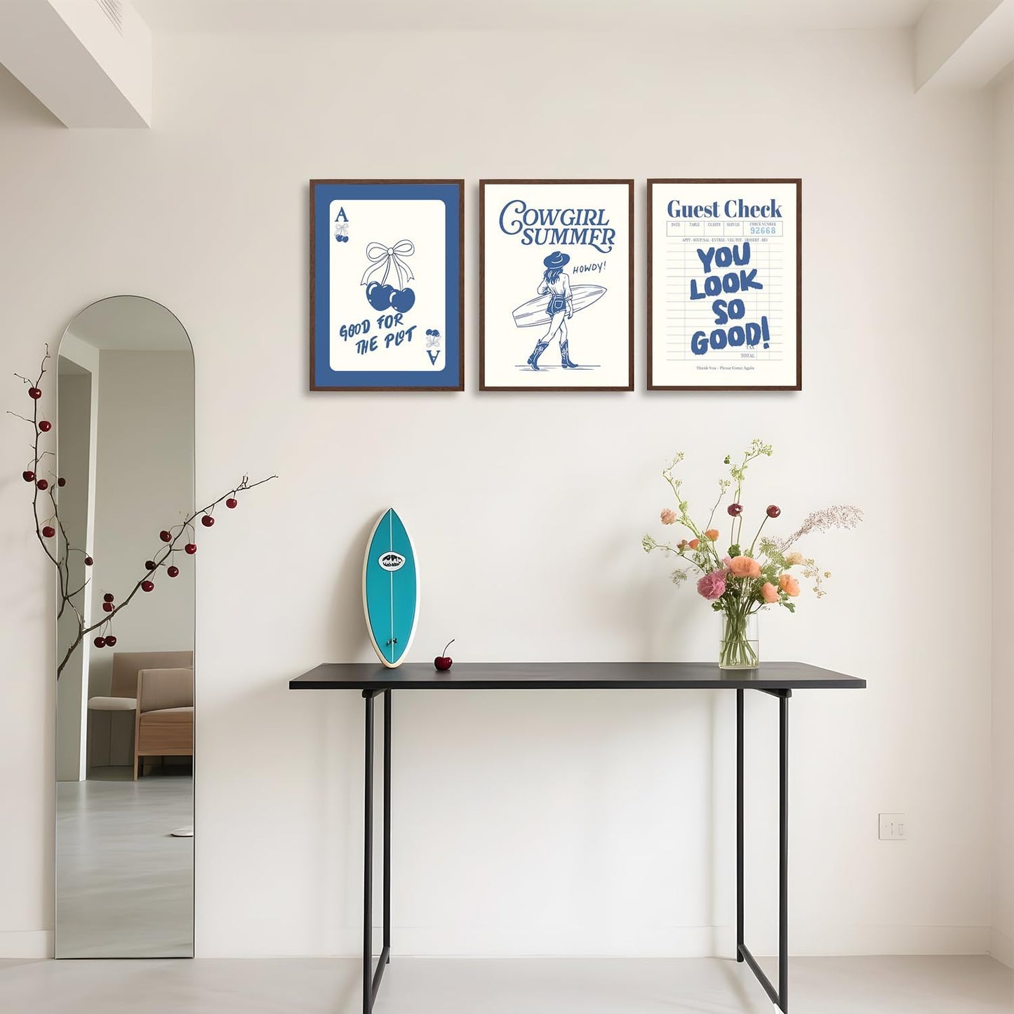 Blue Preppy Canvas Wall Art Poster Set of 3, Coastal Cowgirl Pictures Wall Decor Paintings, Trendy Cherry Guest Check Prints Aesthetic Home Decor for Teen Girls Bedroom Dorm 12x16 inch Unframed