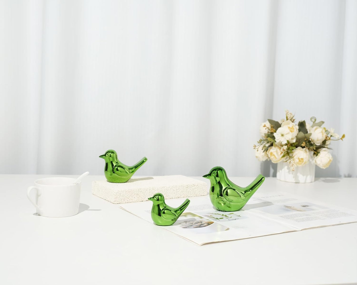 Bird Statue, 2-Pack 4 inch Shiny Green Accent Knick Knacks Gifts, for Home Office Shelf Desk Coffee Table Decoration