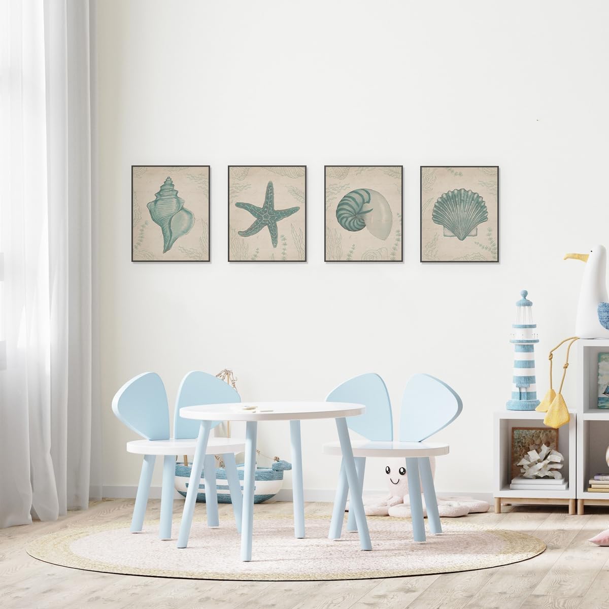 ETVISO Vintage Coastal Wall Art Set of 4, Bathroom Wall Decor, Starfish Seashell Conch Wall Decor, Ocean Theme Decor for Farmhouse Bathroom Coastal Kitchen, 8x10 (Unframed)