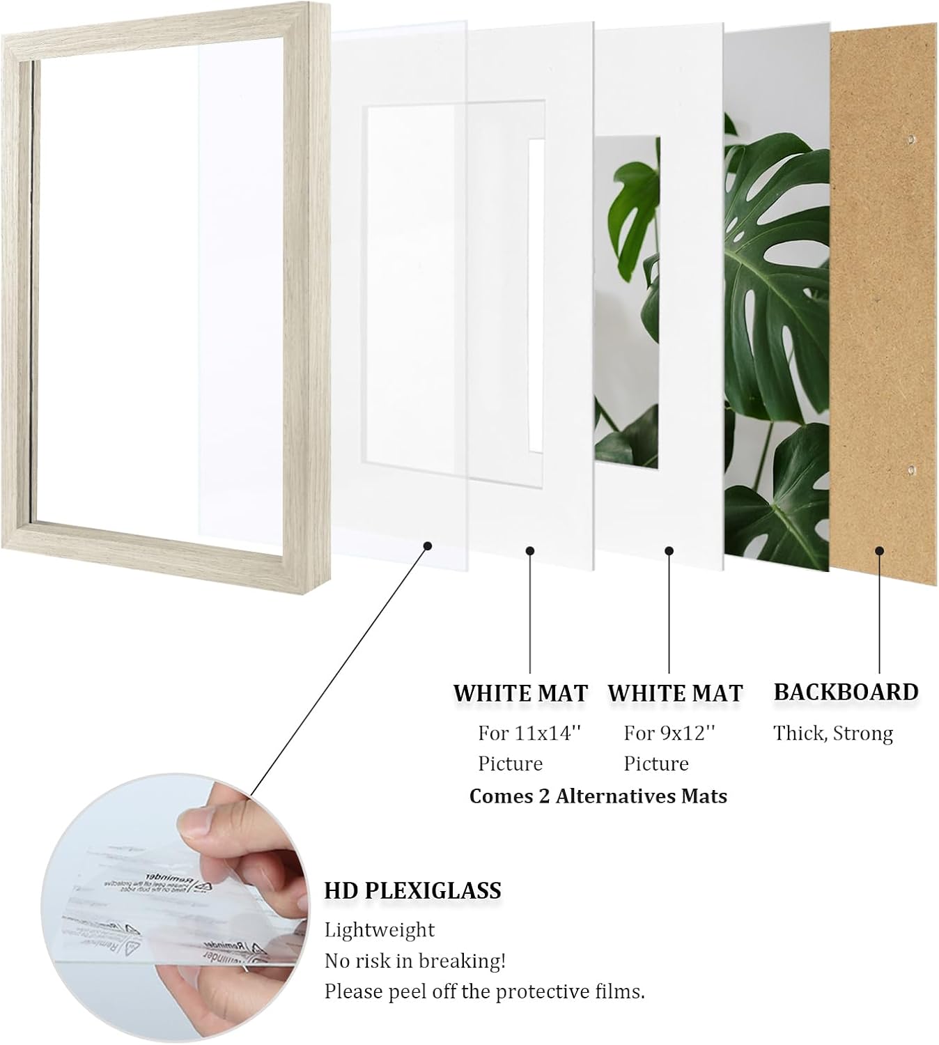 Egofine 12x16 Picture Frames Set of 4, Made of Solid Wood Covered by Plexiglass 9x12 and 11x14 with Mat or 12x16 without Mat, for Wall Mounting Photo Frame Distressed Wood Grain