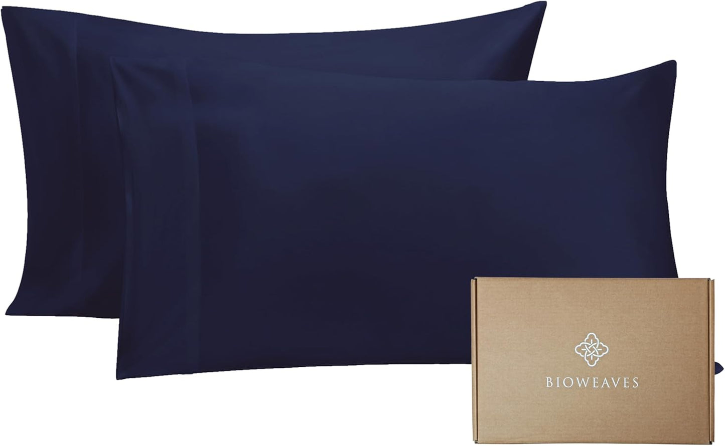 BIOWEAVES 100% Organic Cotton Pillow Cases 300 Thread Count Soft Sateen Weave GOTS Certified – Standard/Queen Size, Set of 2, Navy Blue