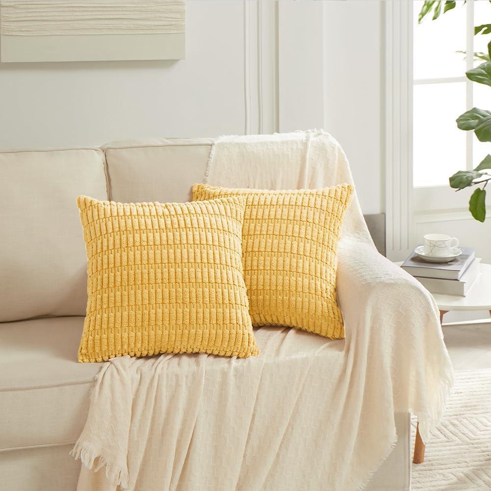 Fancy Homi 4 Packs Yellow Spring Decorative Throw Pillow Covers 18x18 Inch for Living Room Couch Bed Sofa, Rustic Farmhouse Boho Home Decor, Soft Striped Corduroy Square Cushion Case 45x45 cm