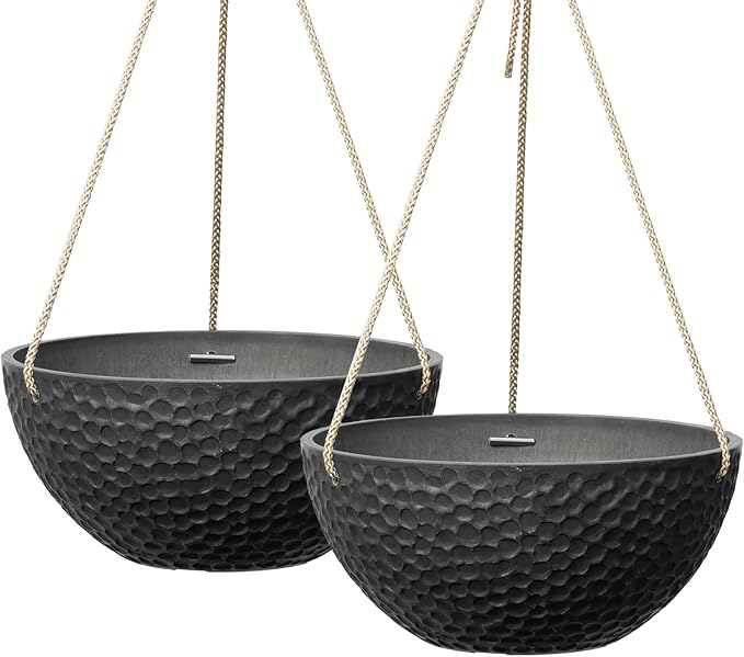 LA JOLIE MUSE Hanging Planters for Indoor Plants, Medium Hanging Planters with Drain Holes, Outdoor Hanging Flower Pots, Matte Black, Honeycomb (10 Inch, Set of 2)