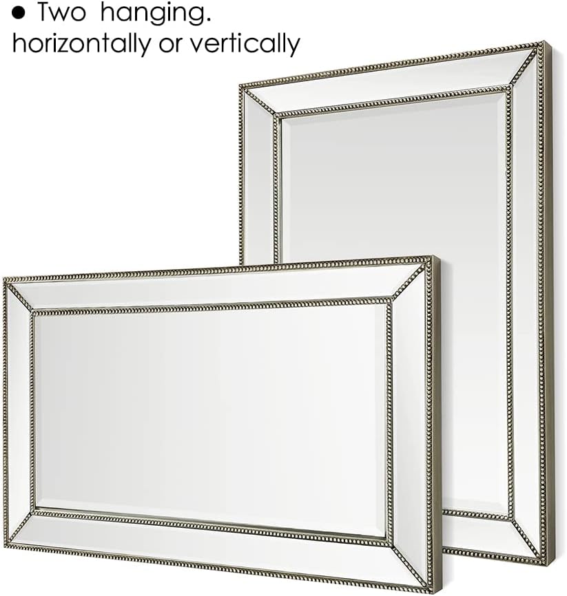 Metro Beaded Mirror Wooden Frame Bathroom Mirror 24"x36" Large Framed Deco Wall Mirror with Angled Beveled Mirror Frame for Living Room Entryways, Washrooms