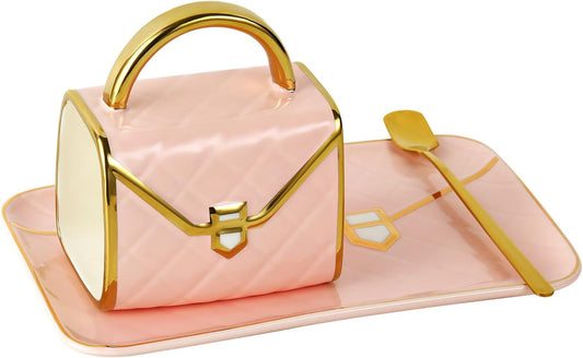 Handbag Shaped Mug, Handbag Coffee Mug And Saucer, Purse Coffee Ceramic Mug Set 10 Oz/ 310 ml Cute Creative Design Travel Tea Cup for Women Thanksgiving Christmas Gifts